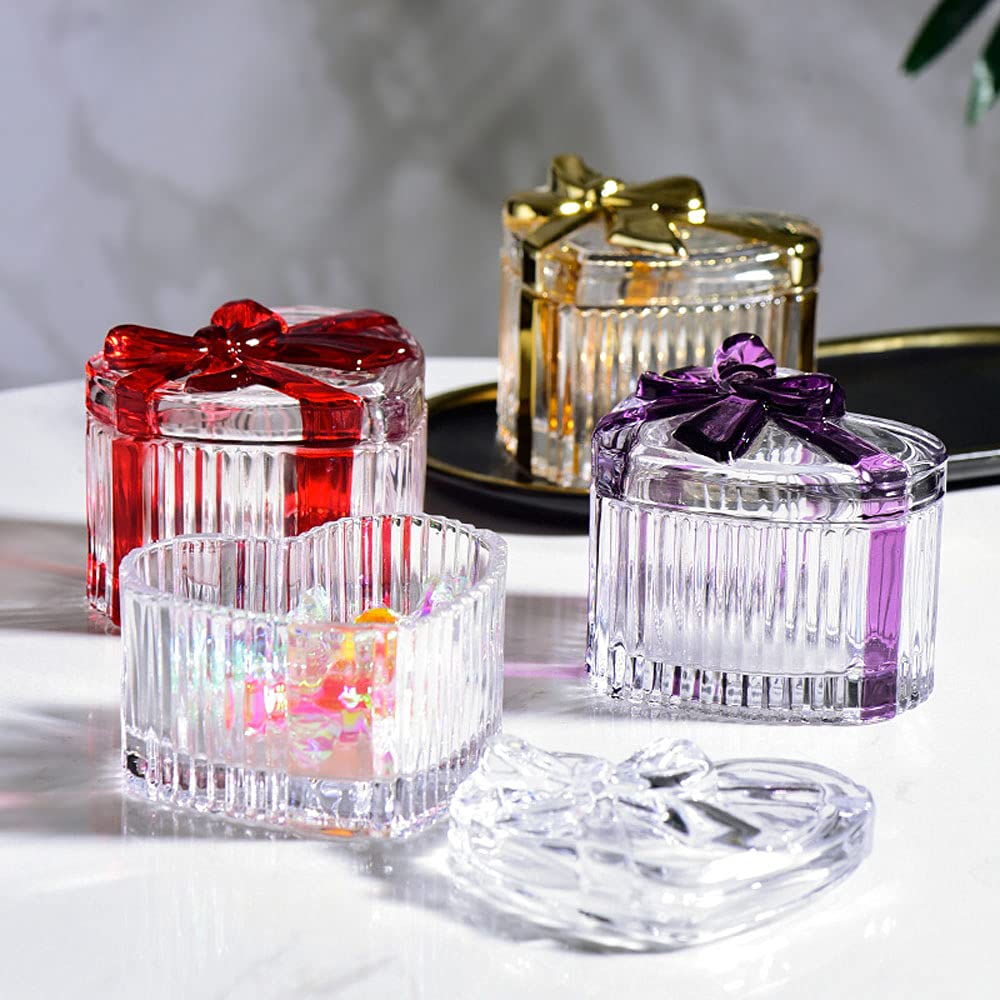 Elegant Embossed Heart-Shaped Bowknot Glass Jewelry Storage Box with Lid - Perfect for Organizing Rings, Necklaces & Candy - Ideal for Valentine's Gift, Wedding Favors & Home Decor