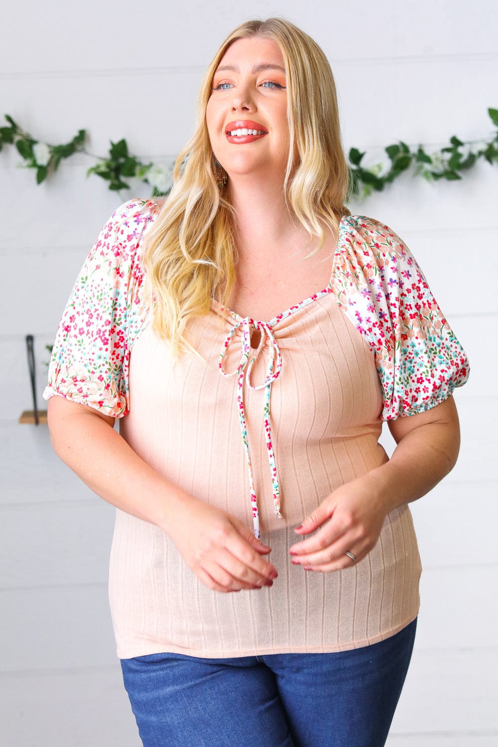 Peach & Floral Tie Neck Bubble Sleeve Blouse - Elegant Women's Fashion Top for Spring Summer Outfits, Date Night & Office Wear