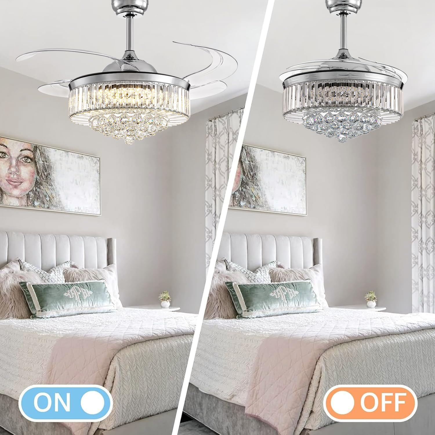 NOXARTE 48 Inch Crystal Chandelier Ceiling Fan with Light - Retractable Blades, Remote Control, Dimmable LED - Perfect for Bedroom, Living Room, Dining Room & Home Decor