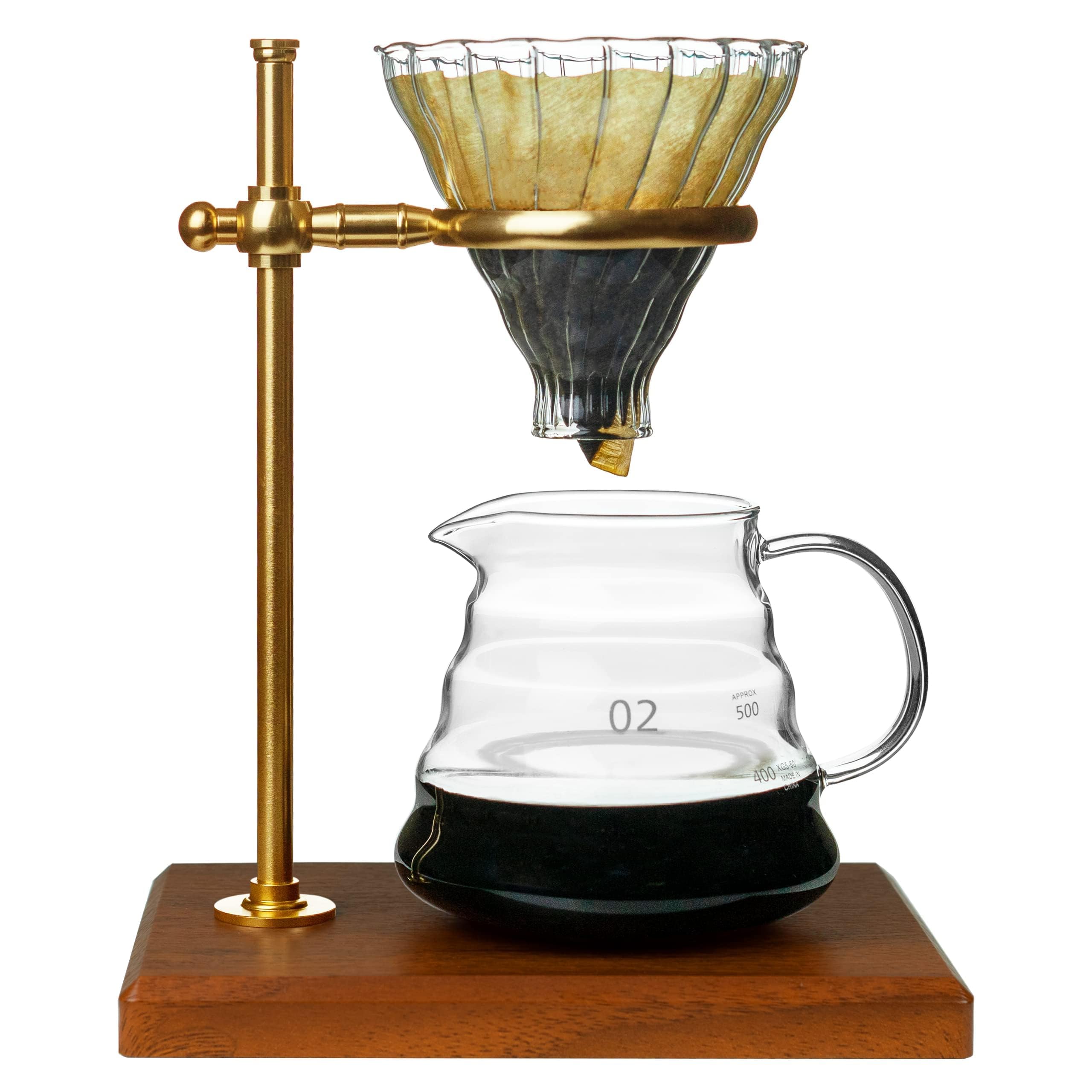 Premium Pour Over Coffee Maker Set - Adjustable Stainless Steel Stand with Wooden Base, Glass Carafe & Paper Filters - Ideal for Home Brewing, Office Use & Specialty Coffee Lovers