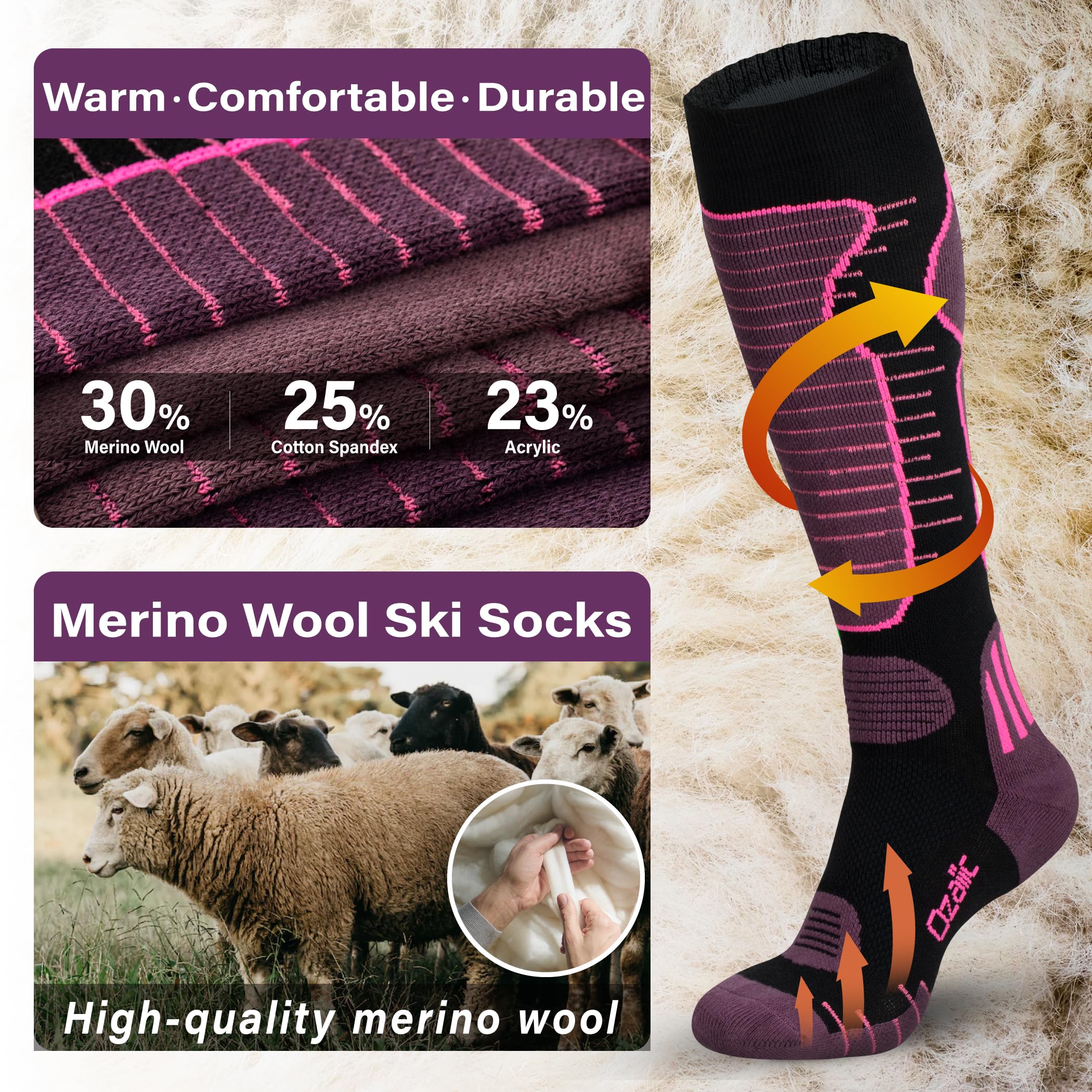 Merino Wool Ski Socks for Men & Women - 2 Pairs Warm Thermal Performance Socks for Skiing & Snowboarding