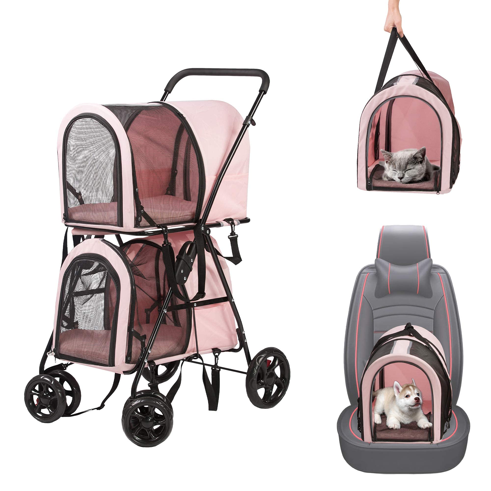 LUCKYERMORE Double Pet Stroller for Dogs & Cats - 4-Wheel Foldable Design with 2 Detachable Carrier Bags | Travel Carrier for Small & Medium Pets | Perfect for Park Walks, Vet Visits & Shopping Trips (Pink)