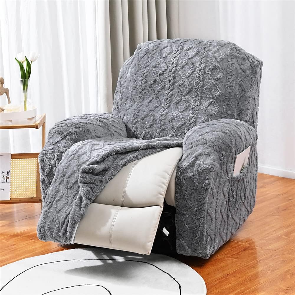 FANSU Stretch Recliner Chair Cover - Jacquard Plush Slipcover with Pockets for Electric Recliners & Armchairs (1 Seater, Grey) | Sofa Protector for Living Room, Home Theater & Office