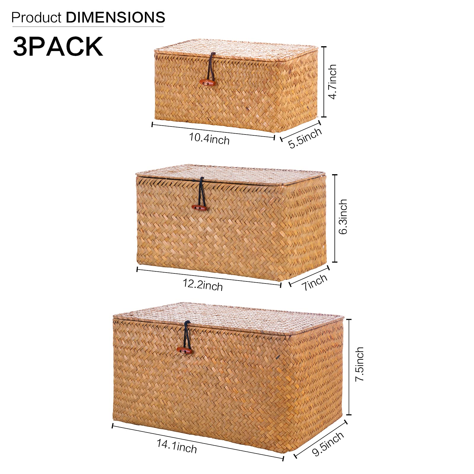 Decorative Wicker Storage Bins with Lids - Set of 3 Stackable Woven Seagrass Baskets (Large, Medium, Small) for Kids Toys, Shelves, Bathroom & Bedroom Organization - Perfect for Home, Nursery & Closet Storage Solutions