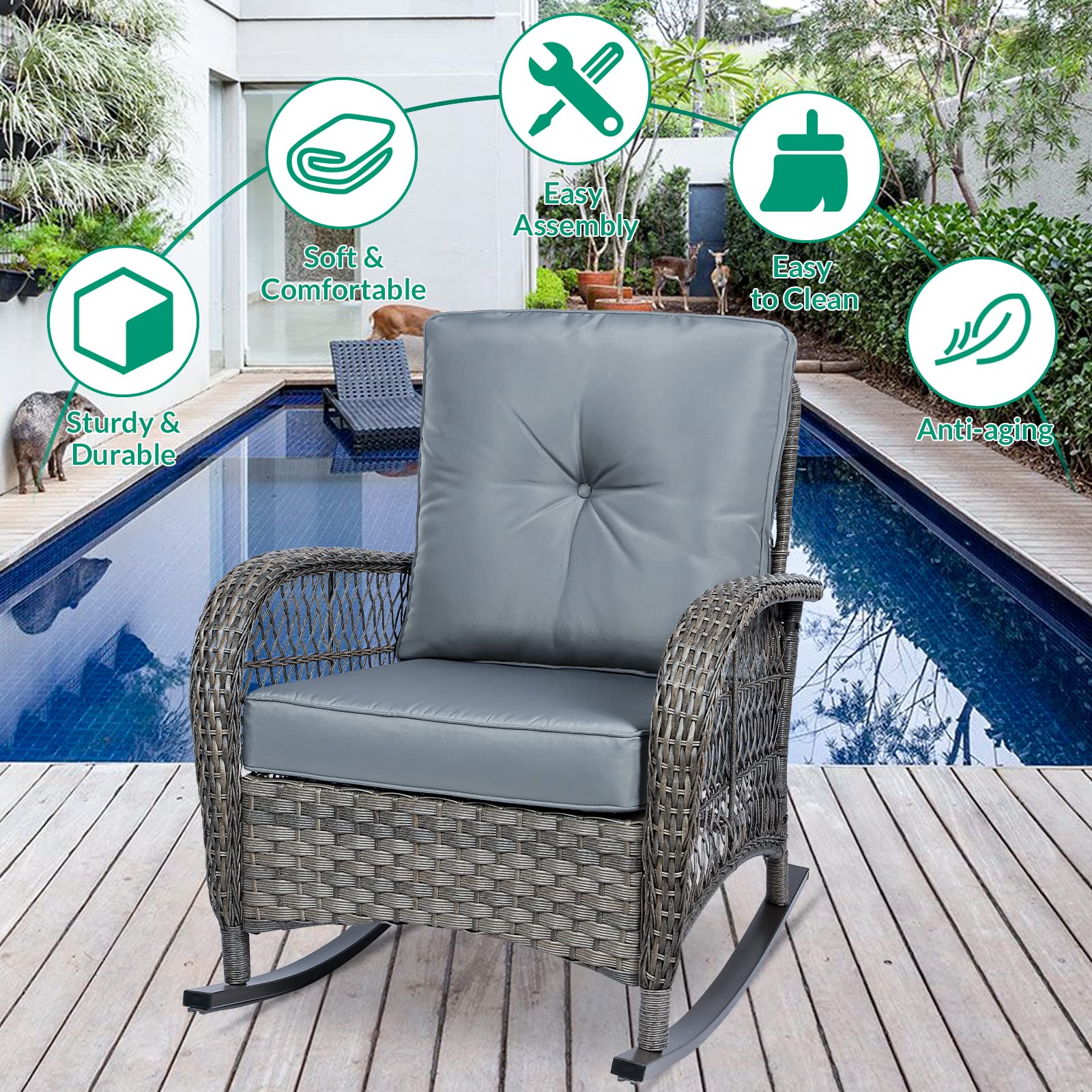 VIVIJASON 3-Piece Outdoor Wicker Bistro Set with 2 Rocking Chairs, Cushions & Glass Top Side Table - Patio Rattan Furniture for Garden, Porch, Backyard (Grey) | Perfect for Relaxing, Entertaining & Enjoying Outdoor Spaces
