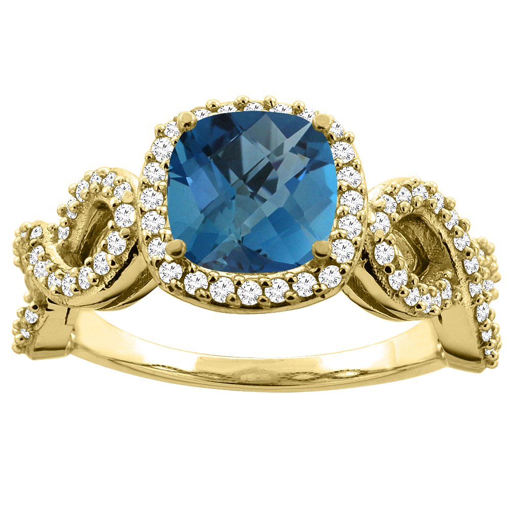 14K White Gold 7mm Cushion Cut London Blue Topaz Engagement Ring for Women - Eternity Band with Diamond Accents (Sizes 5-10) | Perfect for Proposals, Anniversaries & Special Occasions