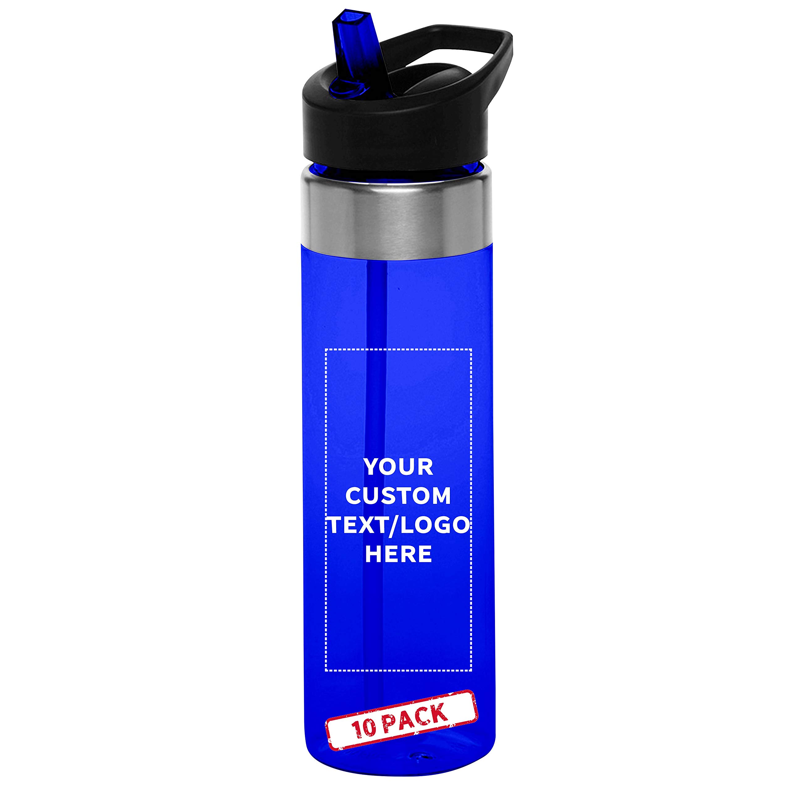 Custom 24 oz Plastic Water Bottle with Straw - 10 Pack BPA-Free Tritan Bottles - Personalized Text, Screw-On Flip Cap - Slim Translucent Design for Gym, Office & Outdoor Activities