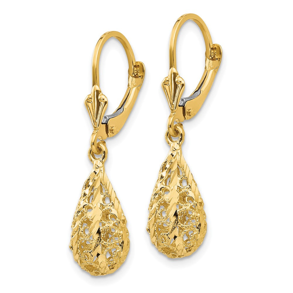 Gold Polished Diamond Cut Filigree Dangle Tear Drop Leverback Earrings K116 - Elegant Jewelry for Weddings, Parties & Special Occasions