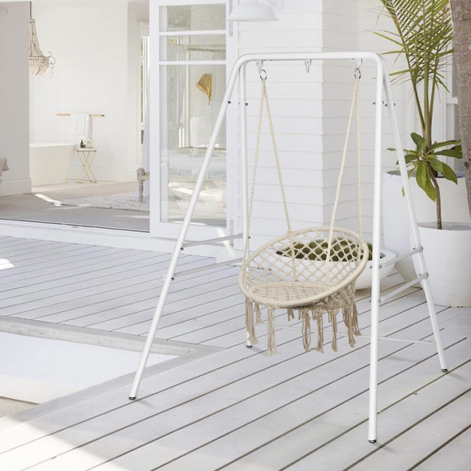 Heavy-Duty Wrought Iron Hammock Chair Stand with 3 Rings - Adjustable 4-Legged Swing Stand for Indoor/Outdoor Use - Sensory Swing Stand with Non-Slip Foot Pads - Perfect for Porch, Patio, Garden, Nursery or Meditation Space (White)