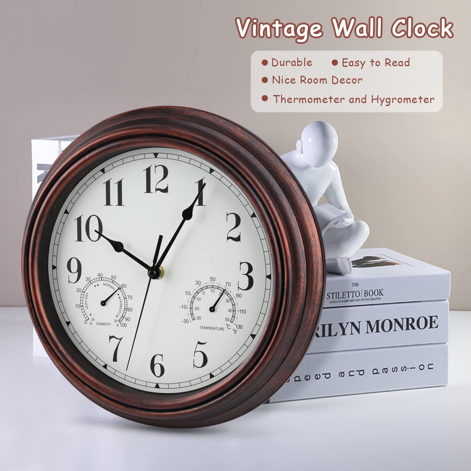 **MUMTOP 12 Inch Indoor Outdoor Wall Clock with Thermometer & Hygrometer - Waterproof, Bronze Finish - Perfect for Patio, Garden, Living Room, Office & Home Decor**