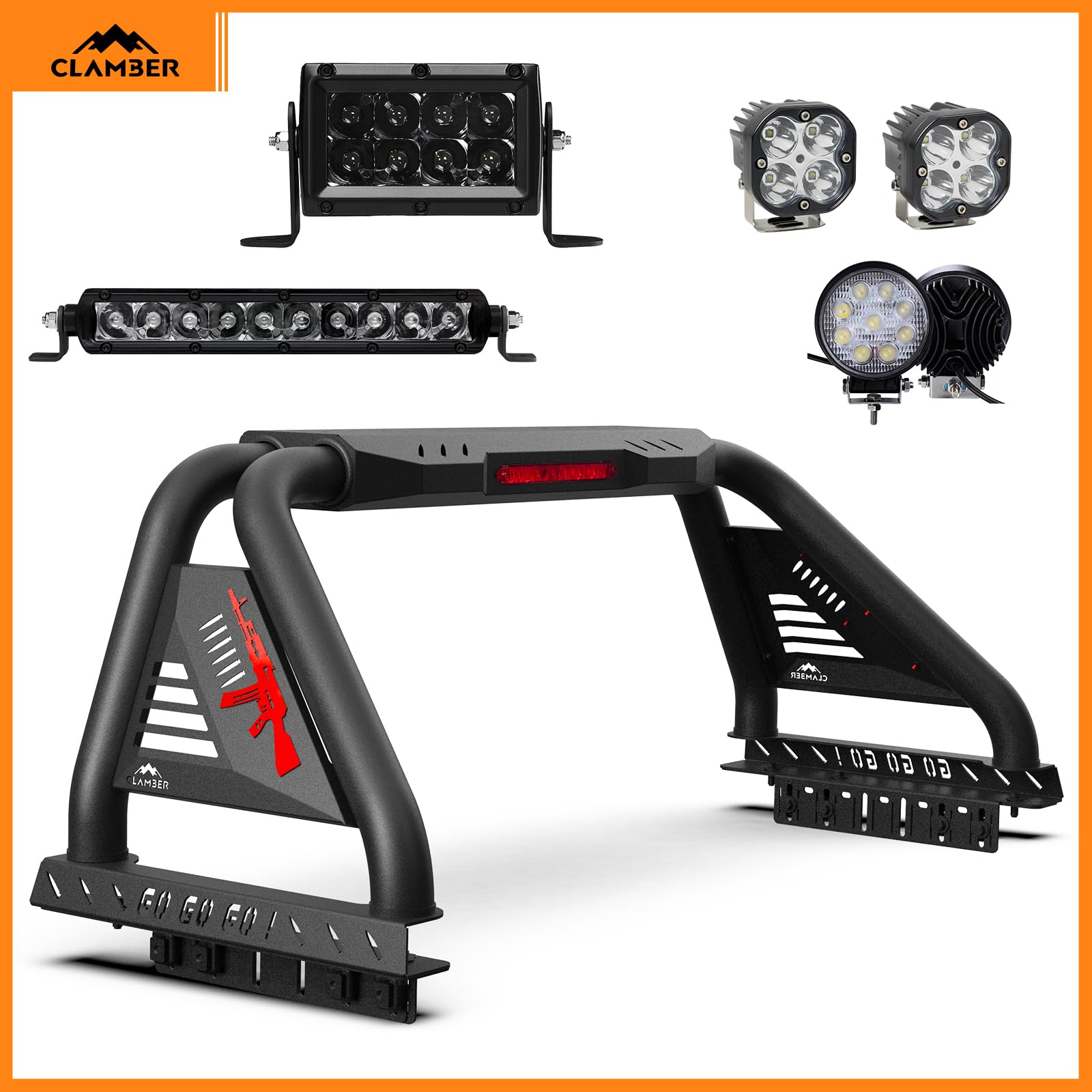 CLAMBER Adjustable Roll Bar for Full-Size Pickup Trucks - Sport Bar Chase Rack with LED Brake Lights - Compatible with Ford F-150, Chevy Silverado, GMC Sierra, Ram 1500, Nissan Titan XD, Toyota Tundra - Perfect for Off-Roading & Truck Bed Organization