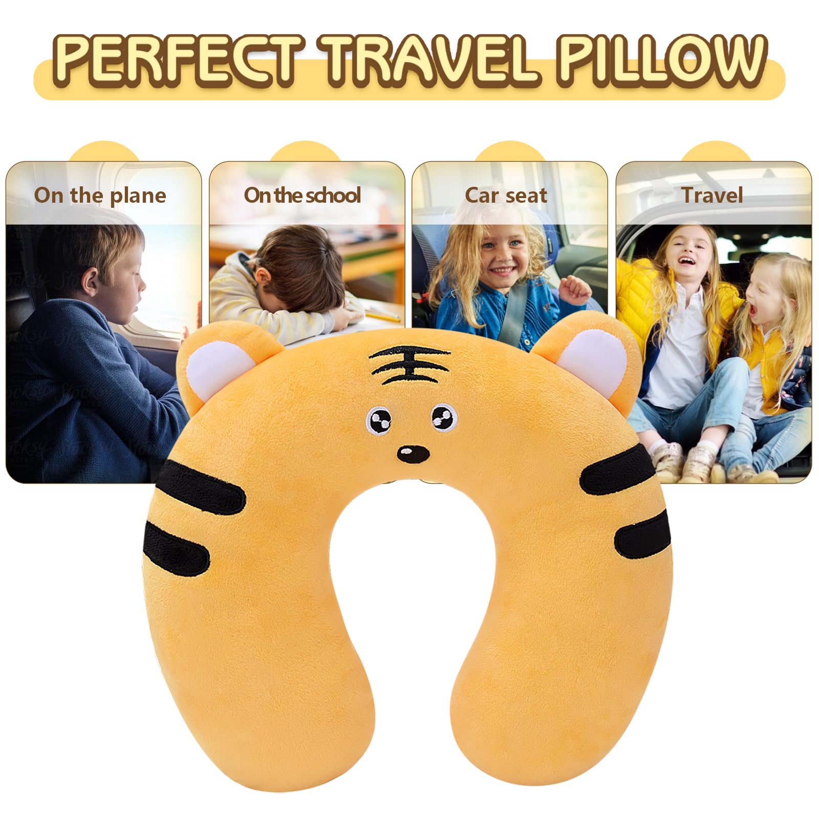 **HOMEWINS Kids Travel Pillow - Cute Animal Neck Pillow for Boys & Girls, Soft Support for Head & Chin - Perfect for Airplane, Car & Train Trips (Tiger Design)**    **Usage Scenarios:** Ideal for long flights, road trips, train rides, or napping at home—keeps kids comfortable and supported.