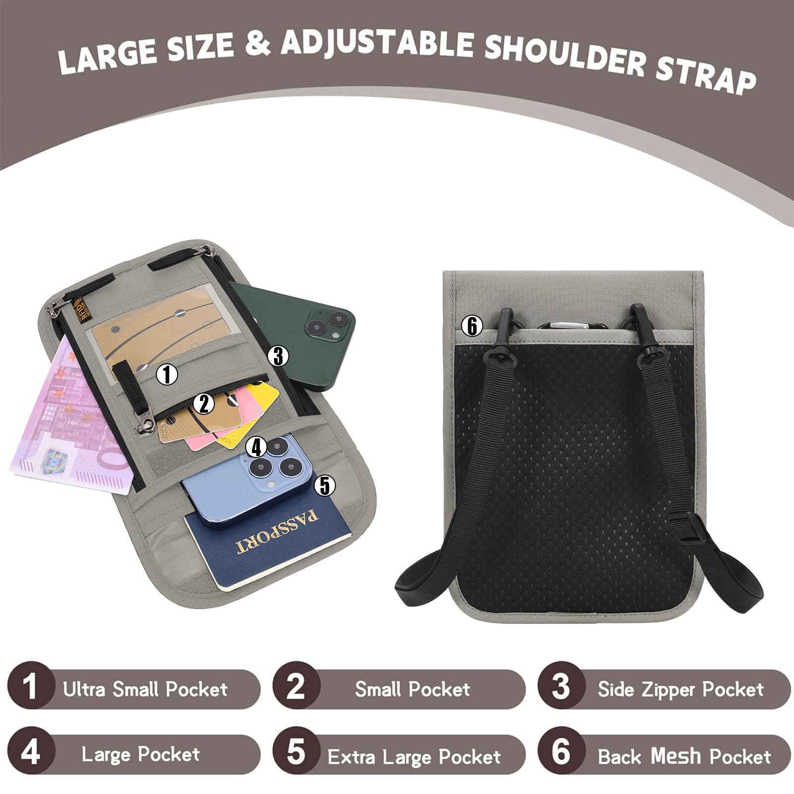 RFID Blocking Travel Neck Pouch - Passport Holder & Wallet Organizer for Family Vacations (Light Grey) | Secure Storage for Passports, Cards & Cash During Air Travel, Sightseeing & Outdoor Adventures