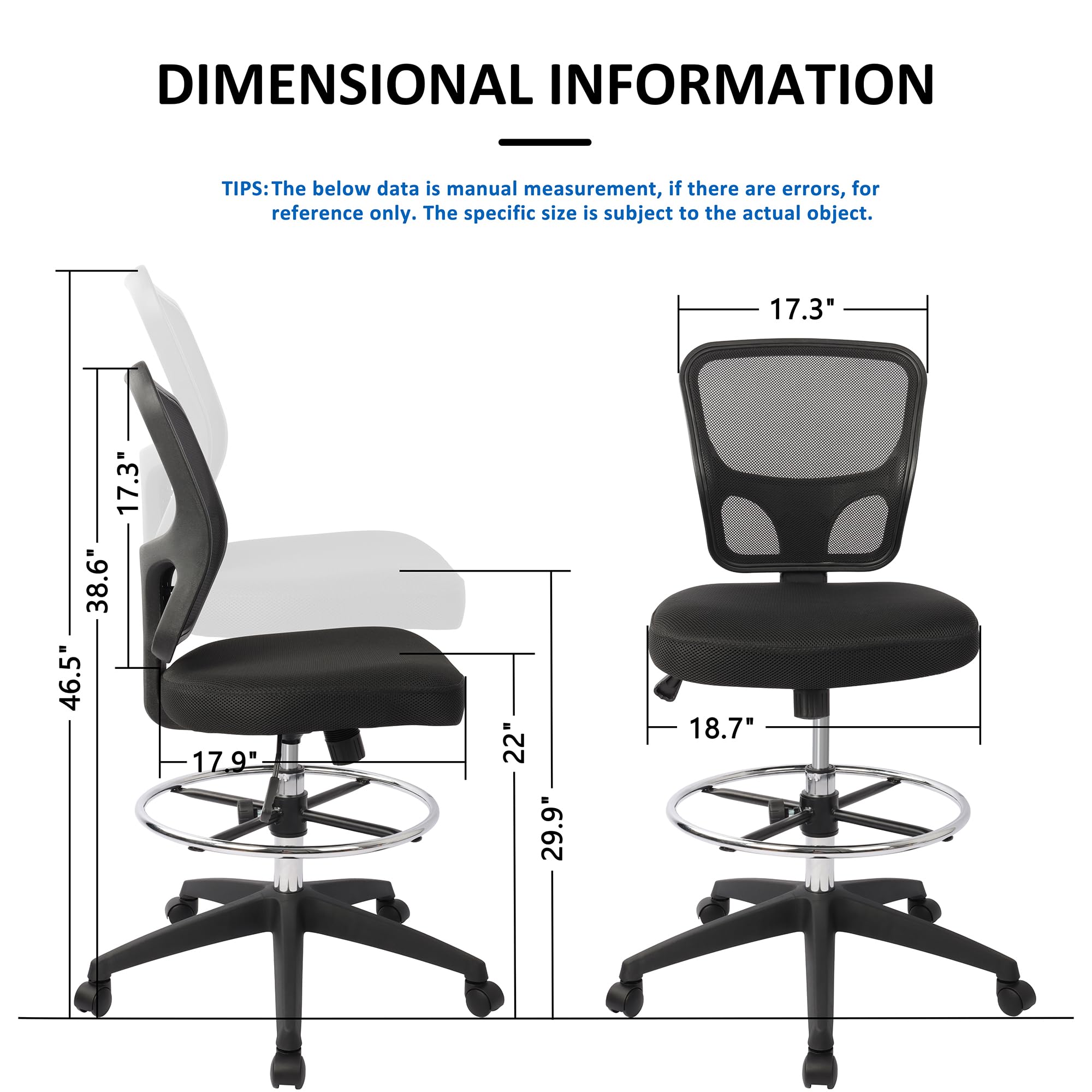HYLONE Ergonomic Office Chair - Adjustable Drafting Stool with Footrest, Rolling Armless Desk Chair for Home, Office & Bar | Perfect for Standing Desks, Workstations & Counter Height Tables