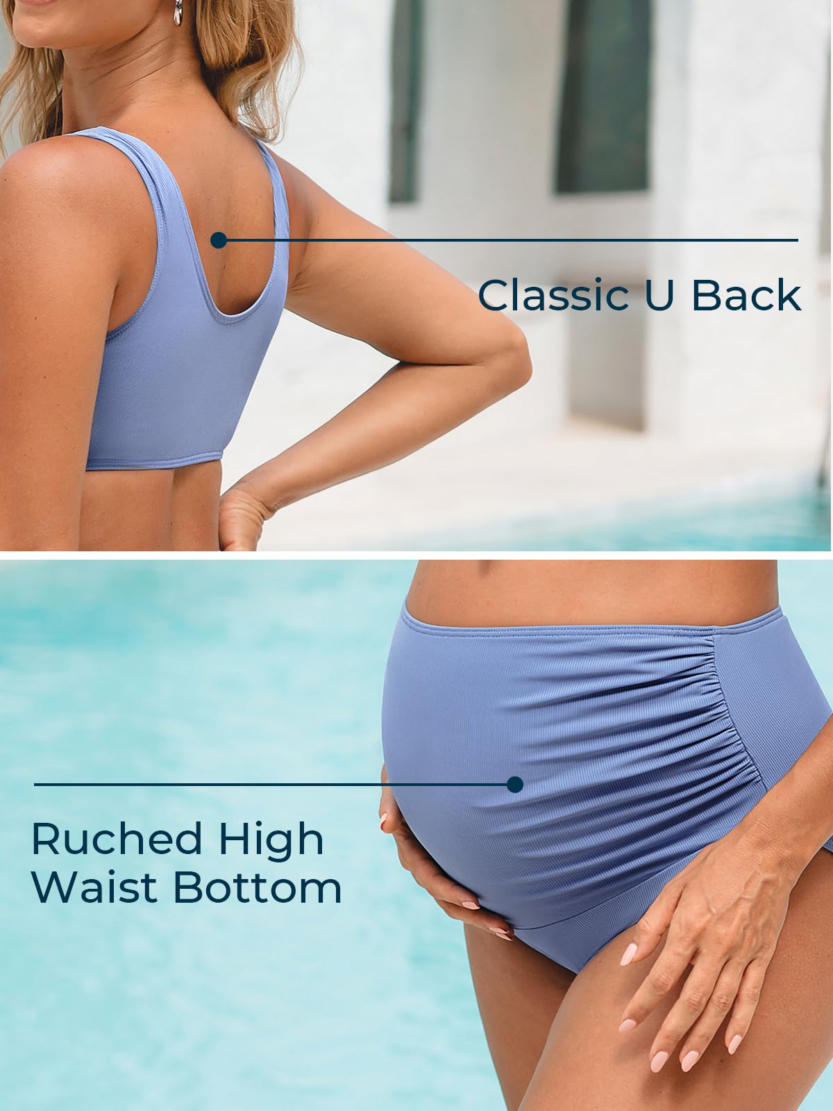 Summer Mae Maternity Ribbed Two-Piece Swimsuit - Front Knot Crop Top & High Waisted Bikini Set for Pregnancy - Perfect for Beach Vacations, Pool Parties & Maternity Photos