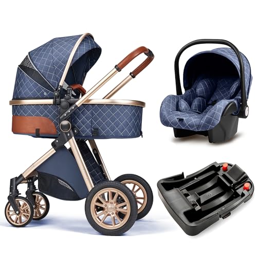 3 in 1 Baby Travel System - Lightweight Foldable Infant Stroller with Reversible Seat & Reclining Function (Blue Base) | Perfect for Newborns, Shopping & Outdoor Walks