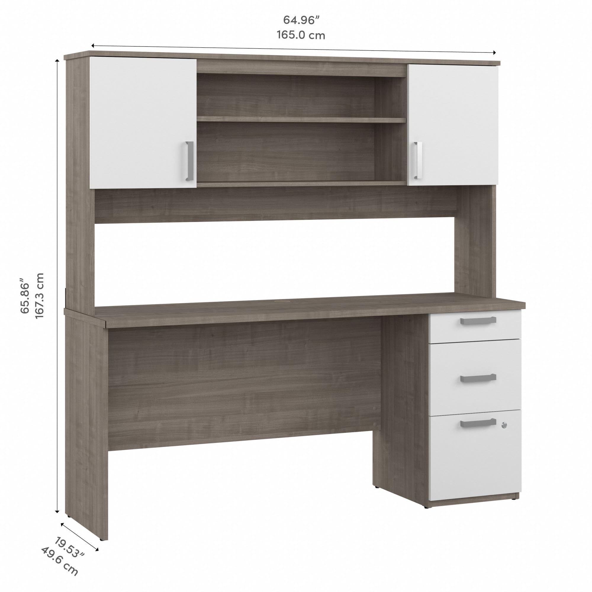 Bestar Ridgeley Computer Desk with Hutch - Silver Maple & Pure White, 65