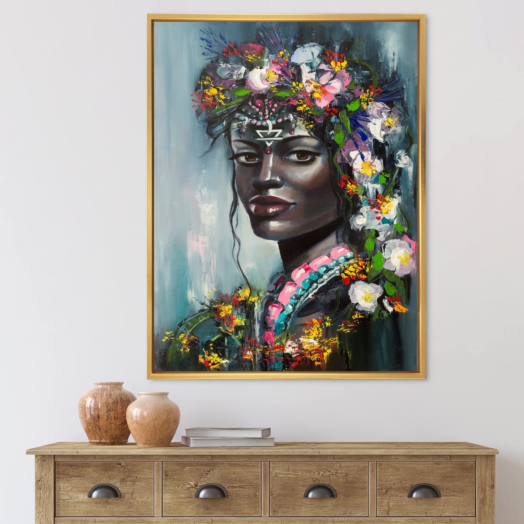 Traditional African American Woman Portrait - Modern Framed Canvas Wall Art Print for Living Room, Bedroom & Office Decor