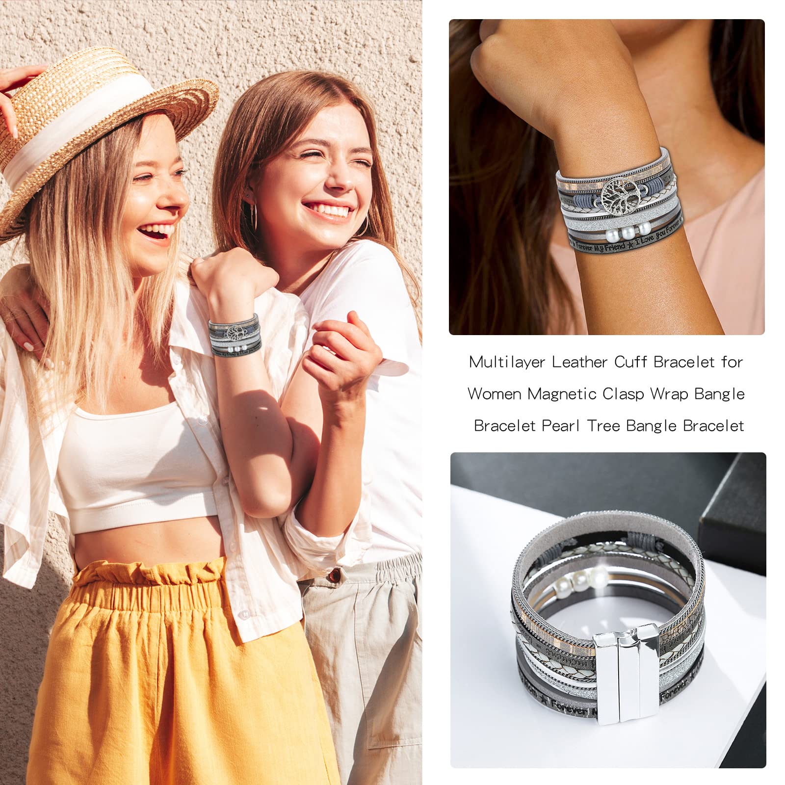 Trendy Boho Leather Wrap Bangle Bracelets for Women - Stackable Crystal Bead Bracelet Set - Valentine's Day Gift for Her - Perfect for Layering, Everyday Wear & Special Occasions