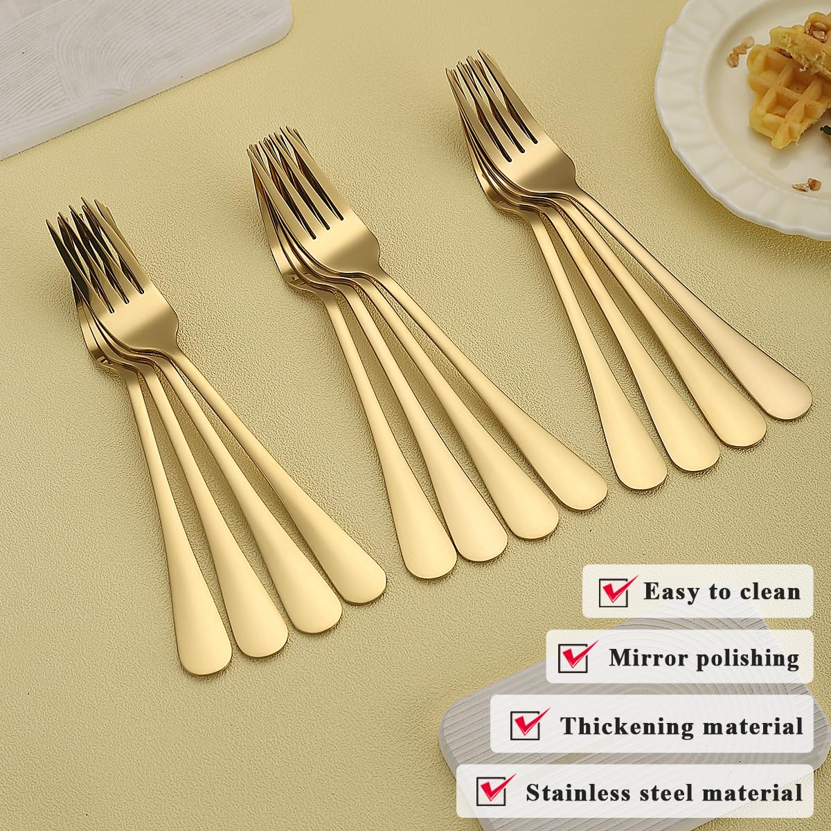 24-Piece Gold-Plated Stainless Steel Dinner Forks Set - Elegant Titanium Gold Flatware for Home, Restaurant, Wedding & Events - Perfect for Fine Dining, Parties & Daily Use