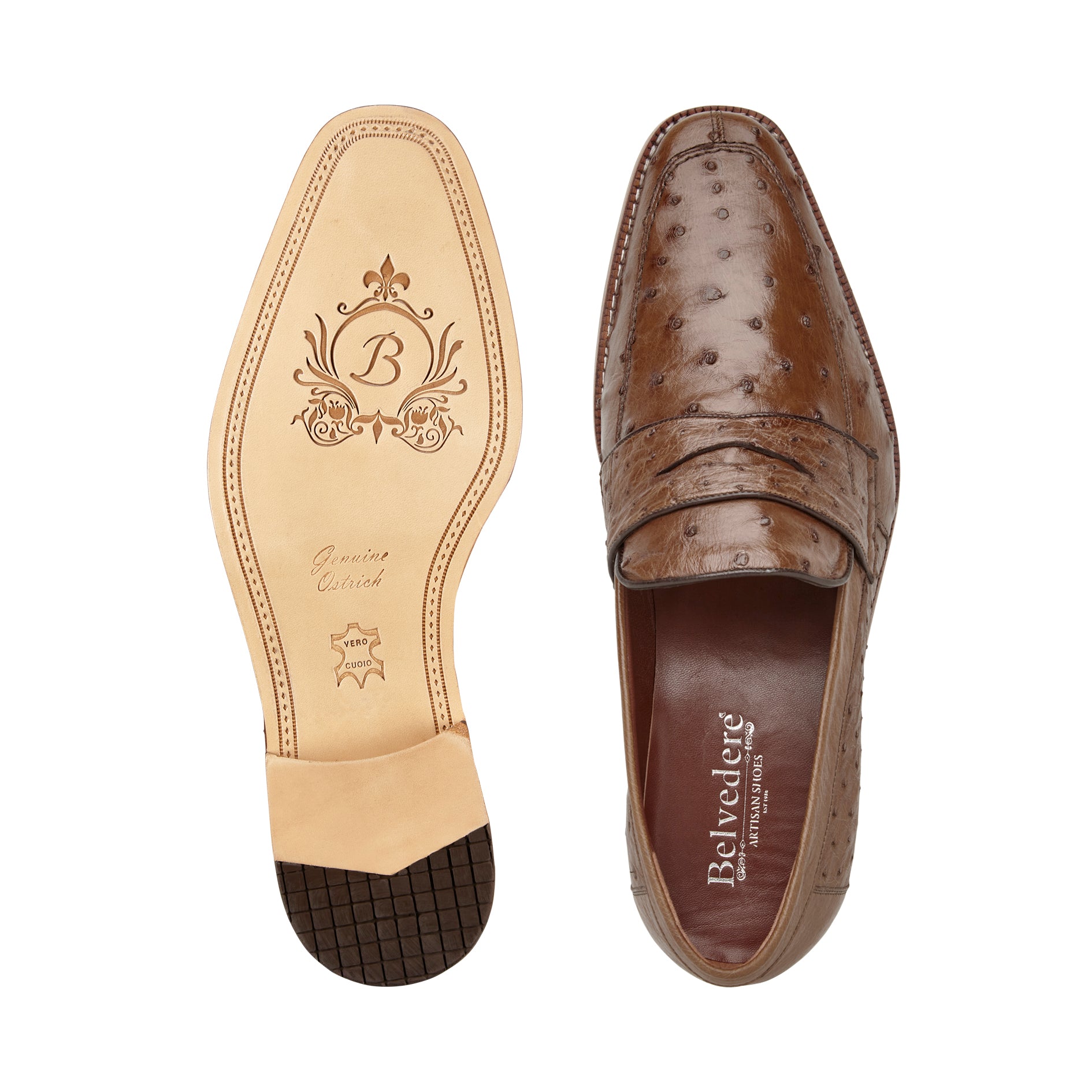 Belvedere Espada Genuine Ostrich Leather Dress Shoes for Men - Premium Tabac Brown 02440 - Formal Business & Wedding Occasions
