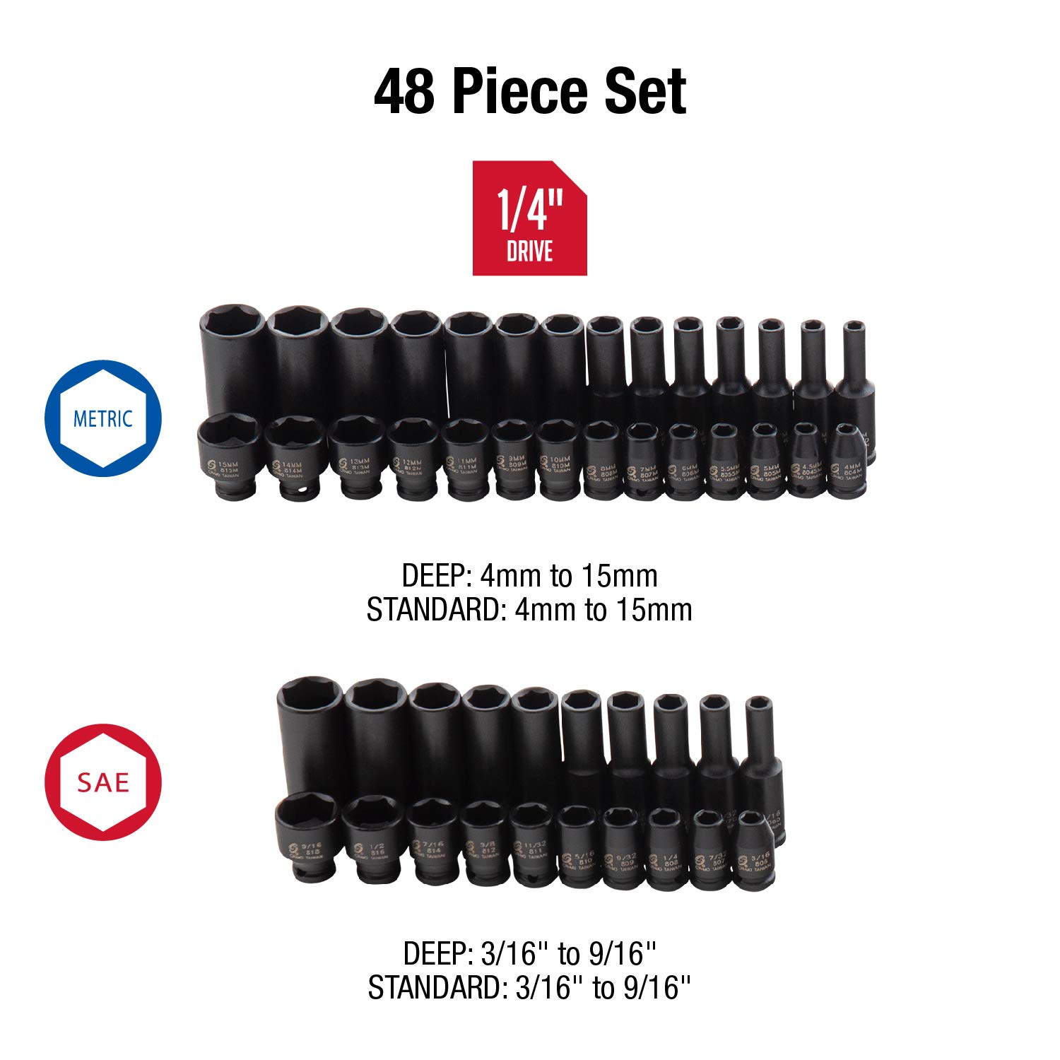 Sunex 9729 208-Piece Master Bit Set & Sunex 1848 48-Piece 1/4 Inch Drive Master Impact Socket Set - Professional Tool Kit for Automotive Repair, DIY Projects, and Home Maintenance