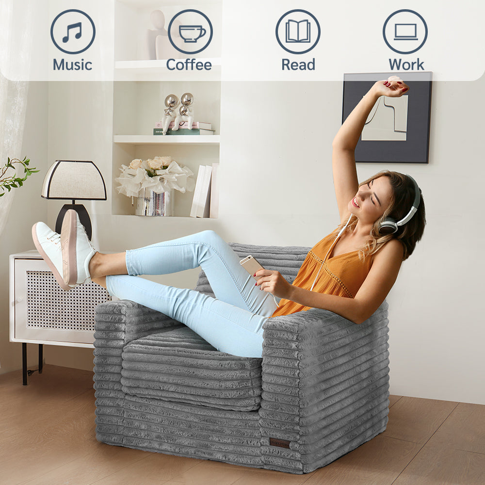 MAXYOYO Oversized Bean Bag Chair - Grey Striped Faux Fur Floor Sofa with Removable Pillows & Armrests - Perfect for Living Room, Bedroom, Game Room and Dorm Lounge
