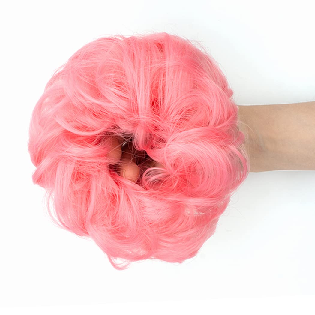 2pcs Messy Bun Hair Piece Scrunchie - Elastic Rubber Band Hair Bun for Women & Girls - Curly Wavy Synthetic Hair Extensions - Ponytail Enhancer (Pink) - Perfect for Workouts, Parties & Everyday Styling