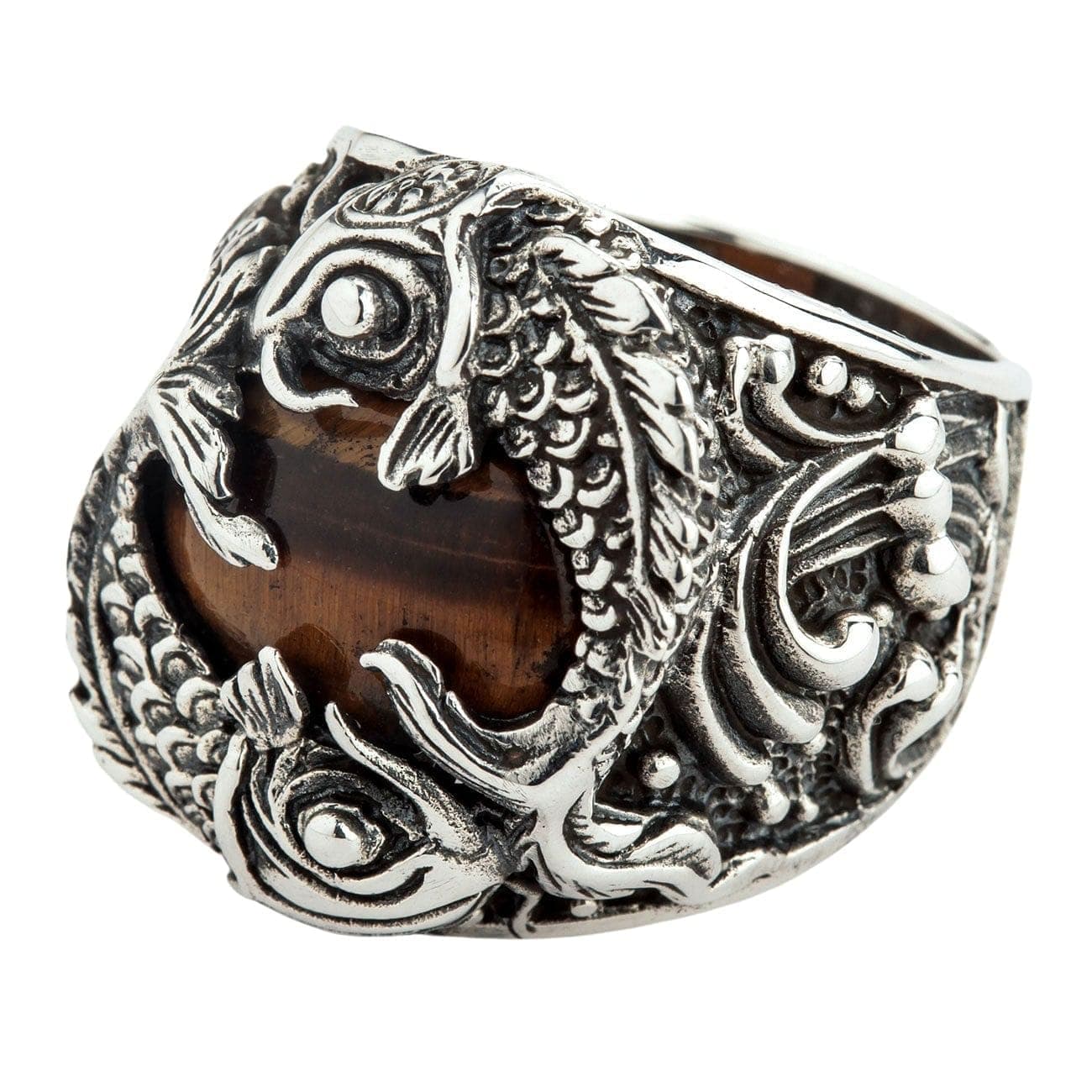 Authentic Sterling Silver Japanese Koi Tiger's Eye Men's Ring - Handcrafted Jewelry for Gifts, Wedding & Everyday Wear