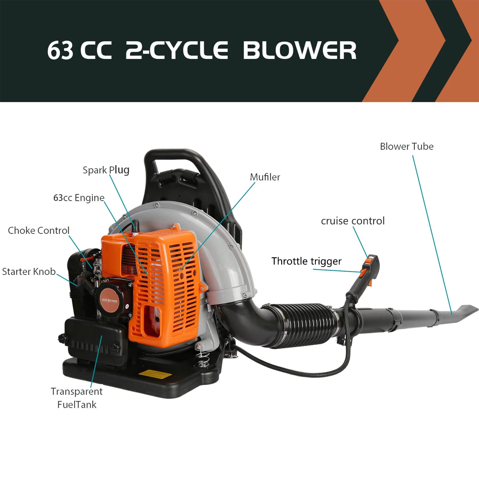 63CC 3HP 2-Stroke Gas Powered Backpack Leaf Blower - High Power Lawn & Garden Blower for Leaves, Snow, Grass - Single Cylinder Air-Cooled Engine - Ideal for Yard Cleaning, Gutter Maintenance & Snow Removal
