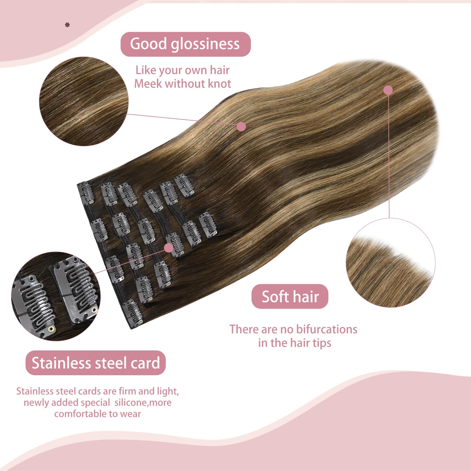 HUAYI 100% Real Human Hair Extensions - 22 Inch Ombre Medium Brown to Caramel Blonde Balayage Clip-Ins (120g) #4/27/4 | Women's Hair Extensions for Volume & Length | Perfect for Parties, Weddings & Daily Styling