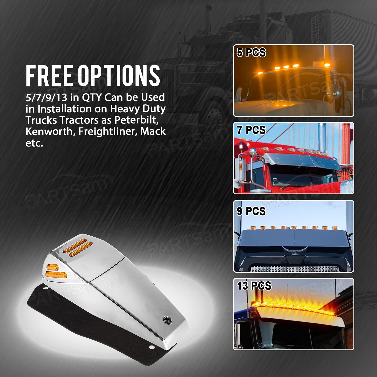 Partsam 5Pcs Amber LED Square Cab Marker Lights - 48 LED Flat Line Replacement for Kenworth, Peterbilt & Freightliner Trucks - Durable Chrome Plastic Housing - Perfect for Night Driving & Enhanced Vehicle Visibility