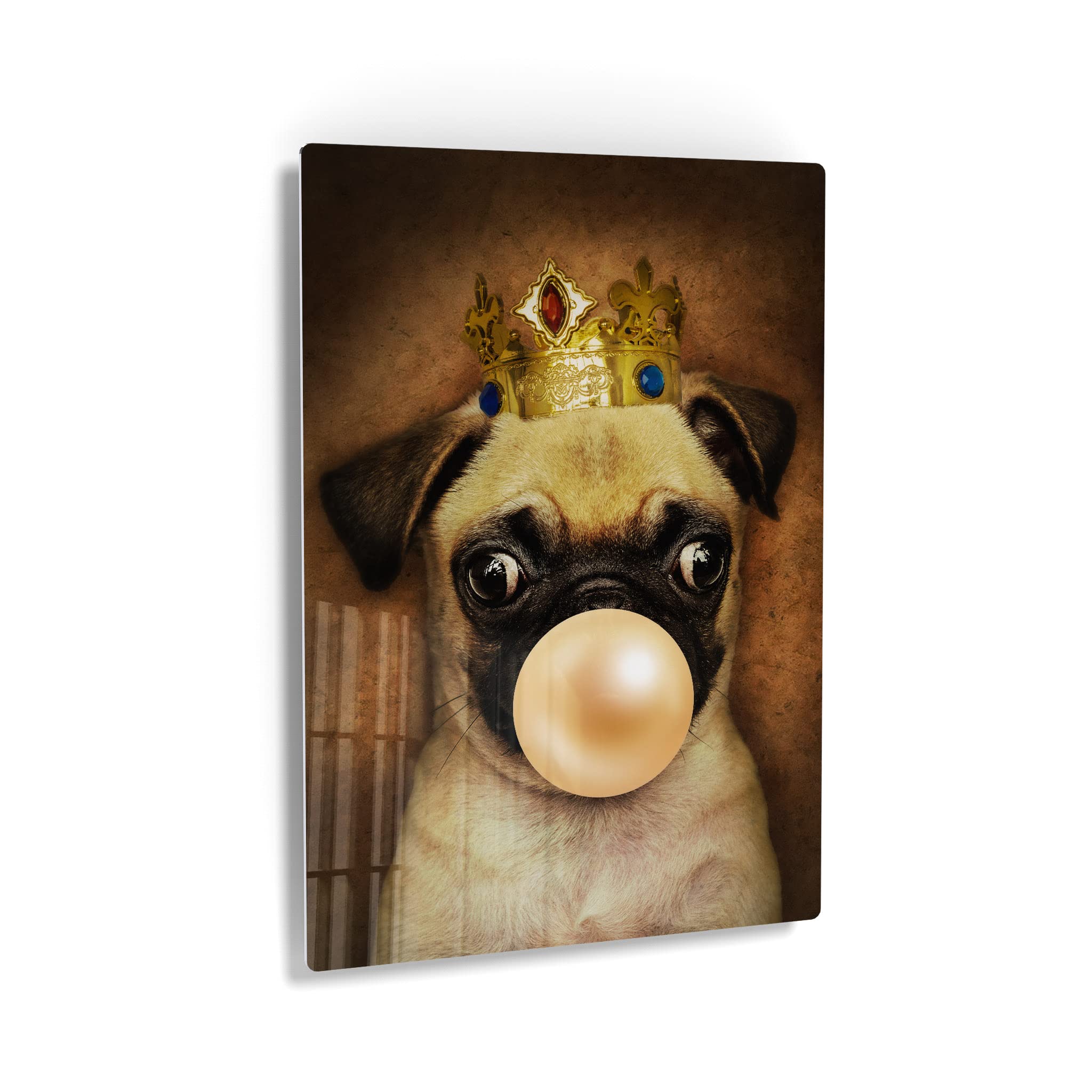 King Pug Portrait with Crown Chewing Bubble Gum - Metal Wall Art Print for Dog Lovers - Pet Pop Art Decor for Office, Living Room, Bedroom & Nursery (40x30 Inches) - Perfect Gift for Animal Lovers & Unique Home Decor