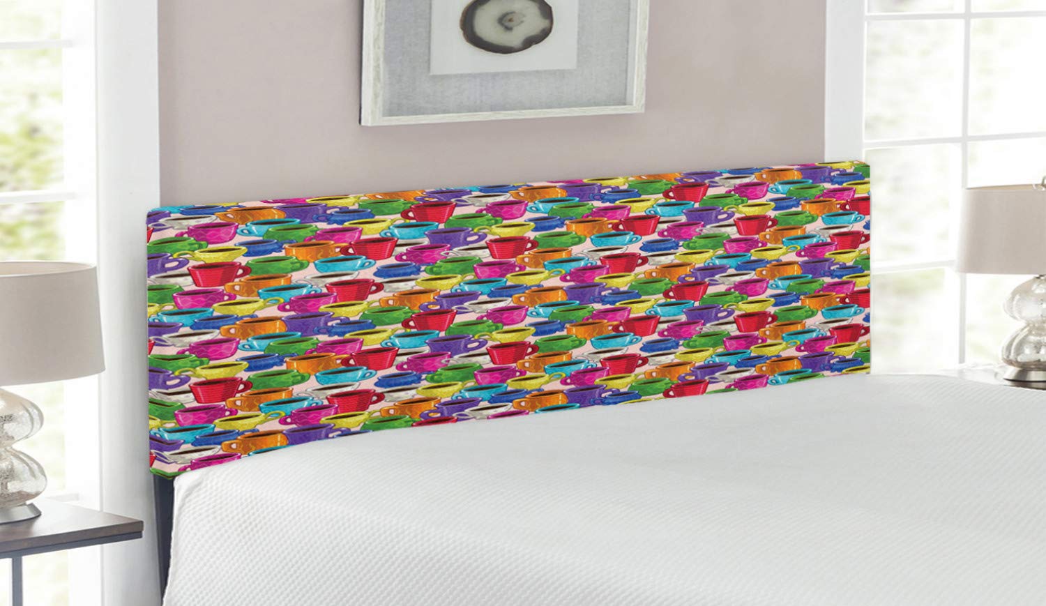 Ambesonne Vintage Retro Coffee House Print Metal Headboard - Colorful Cartoon Mug Design, Upholstered with Memory Foam, Queen Size Bed Frame - Perfect for Boho Bedroom Decor & Coffee Lover's Home