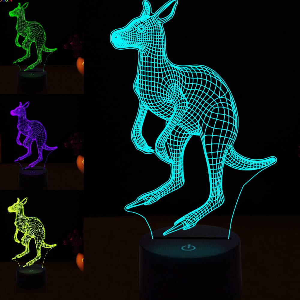 3D Kangaroo Night Light with Touch Switch - 7 Color Changing LED Table Lamp for Kids Room, Nursery, Christmas Decor, Birthday Gift, Optical Illusion Desk Decor for Home & Office