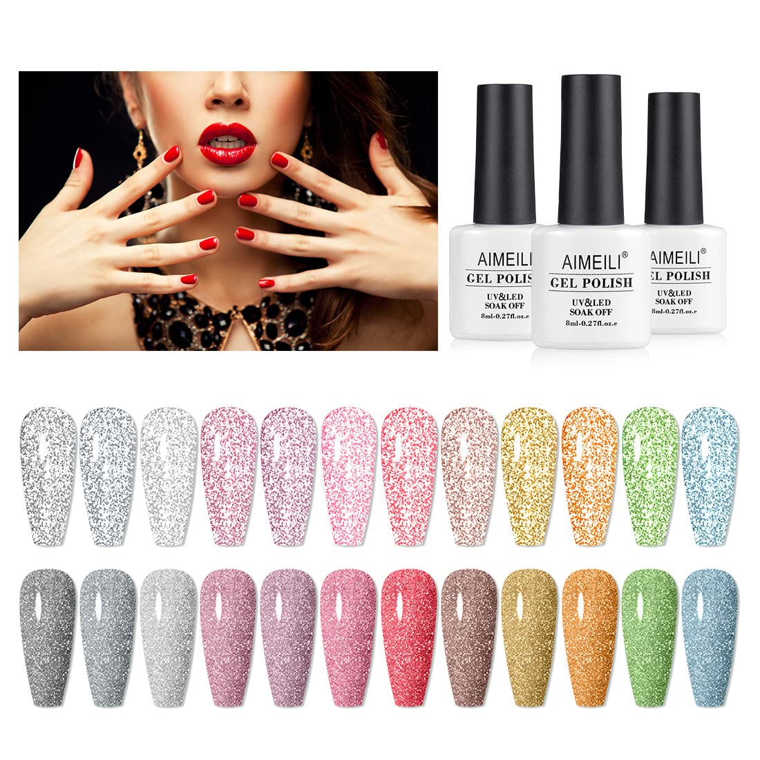 AIMEILI Reflective Gel Nail Polish Set - 12 Colors Soak Off Holographic Diamond Glitter Nail Polish Kit (8ml Each) for Salon & Home Manicure, Perfect for Parties, Weddings & Special Occasions