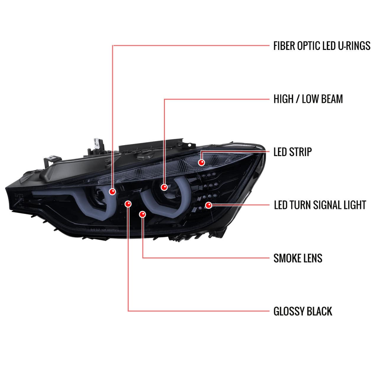 Spec D Tuning LED Headlight Set for 2012-2015 BMW F30 3 Series Sedan - Dual U Bar Projector HID Compatible Headlights with LED Turn Signals (Glossy Black/Smoke Lens) - Upgrade Your Night Driving Visibility