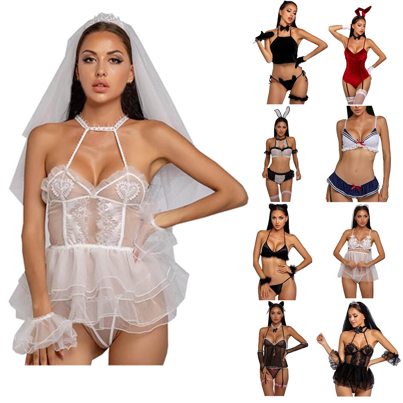 Sexy Lingerie for Women - Transparent Lace Pajama Set with Halter Neck & Bow Tie | Satin Nightwear for Romantic Evenings & Boudoir Photography