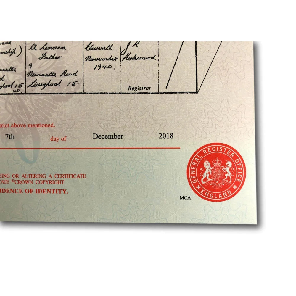 John Lennon Authentic Certified UK Birth Certificate Copy - Beatles Memorabilia for Collectors & Fans - Perfect for Displays, Gifts & Beatles History Enthusiasts