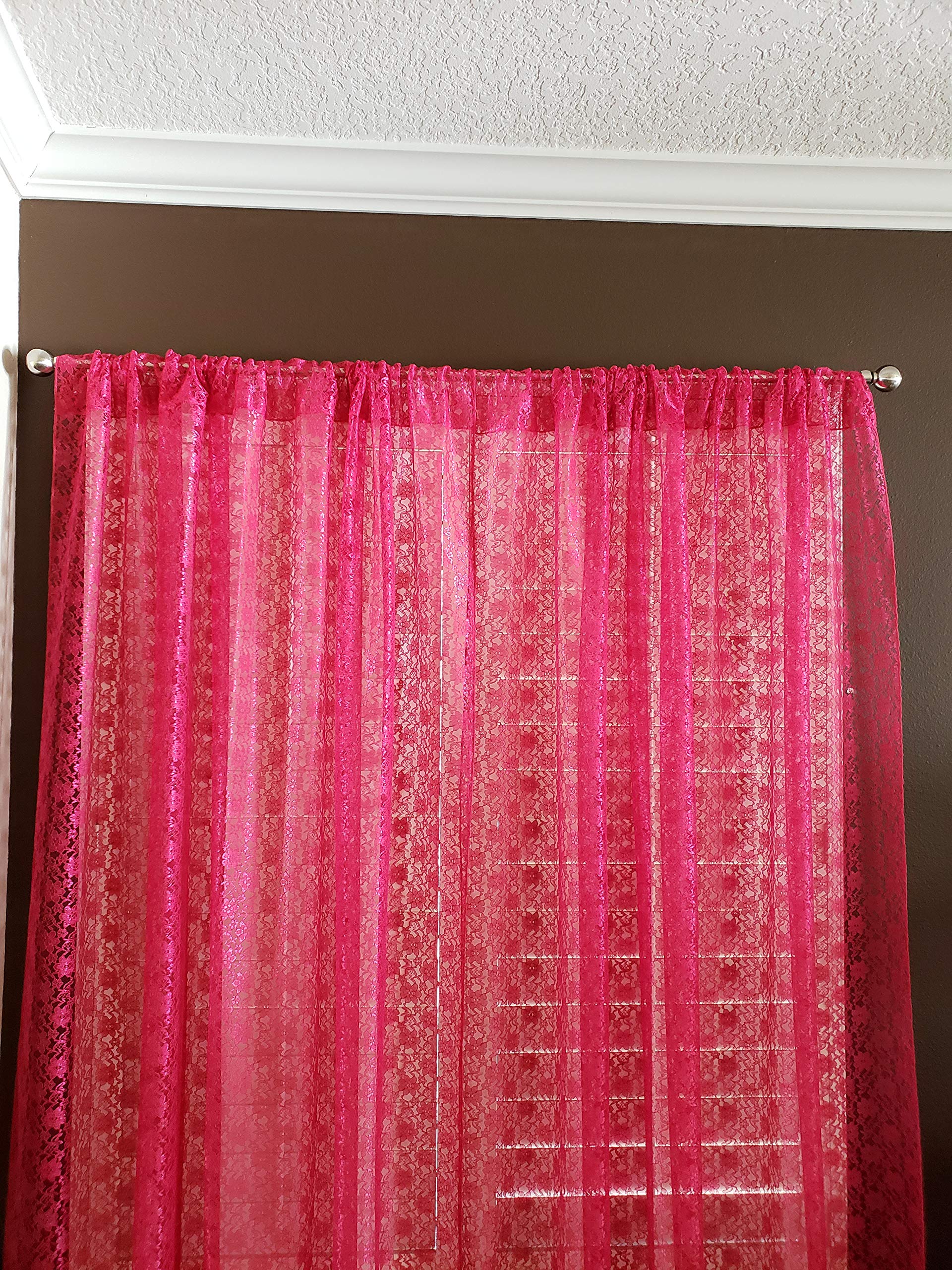 Floral Lace Curtain Panel - Sheer Fuchsia Window Decor for Bedroom & Kitchen