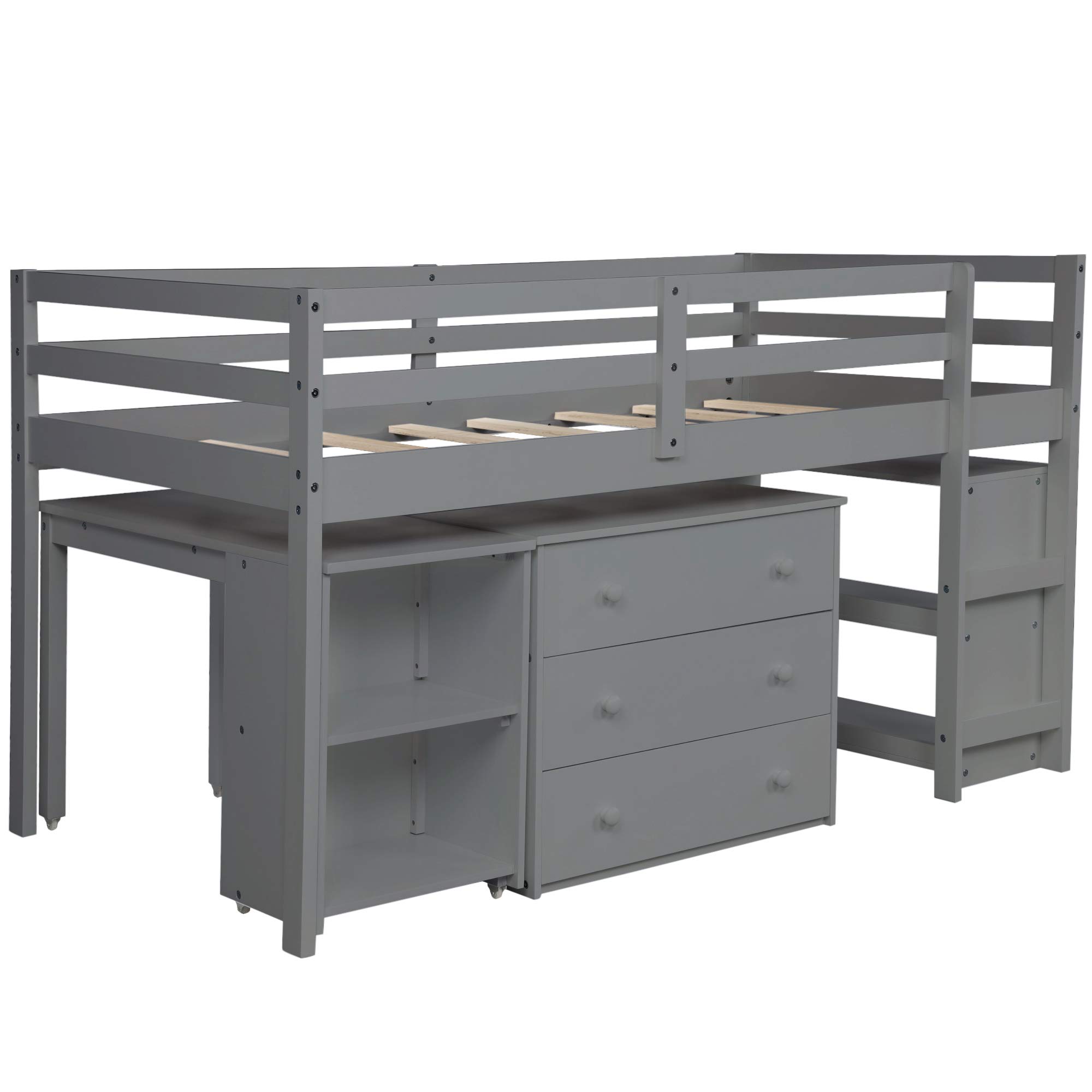 Wooden Twin Loft Bed with Bookshelf, Cabinet & Rolling Desk - Low Study Loft Bed for Kids & Teens (Gray) - Perfect for Small Bedrooms, Dorm Rooms & Space-Saving Kids' Rooms
