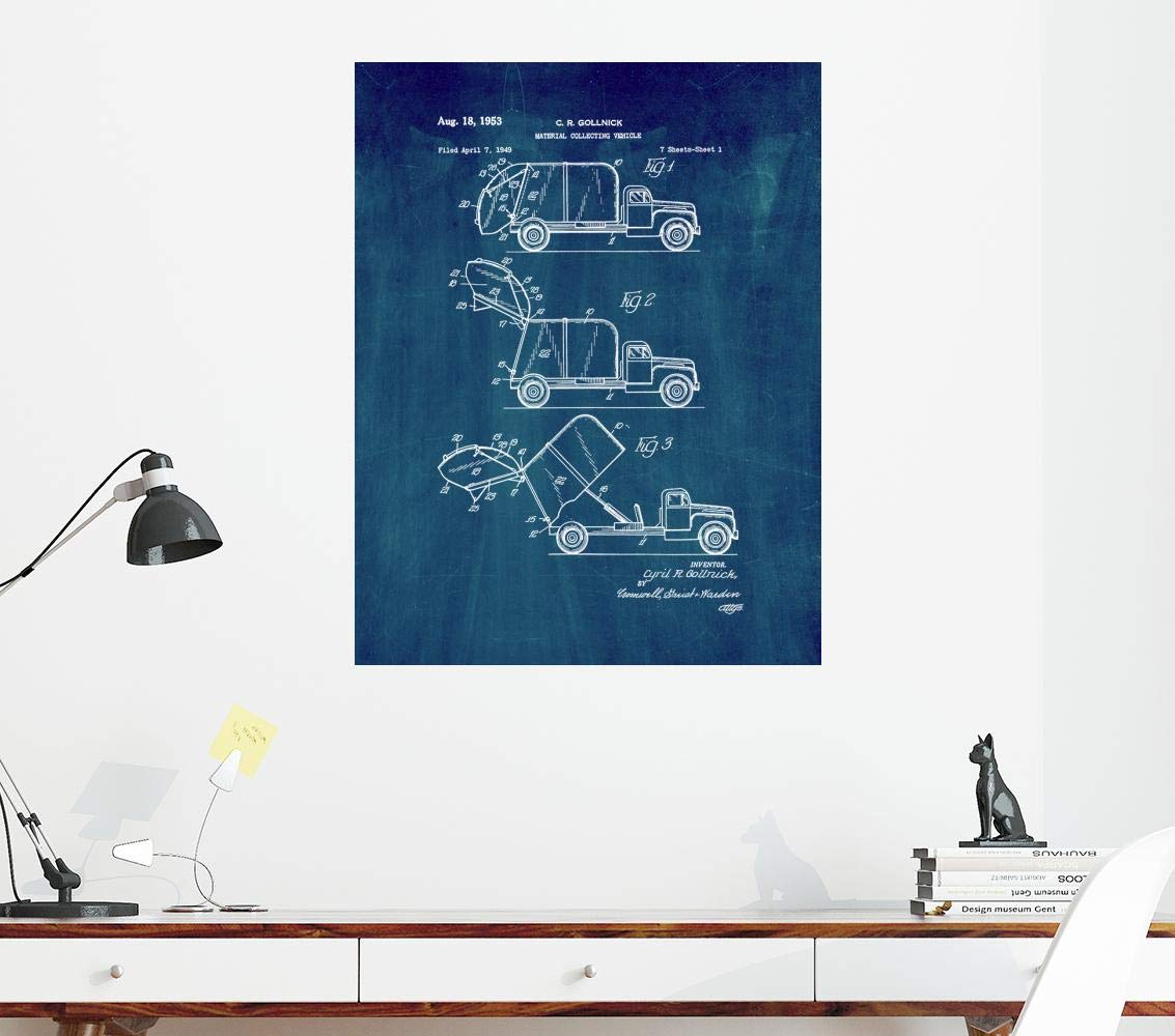 Midnight Blue Garbage Truck Patent Print - 8.5 x 11 Inch Wall Art Decor for Kids Room, Garage, or Office (M12577)