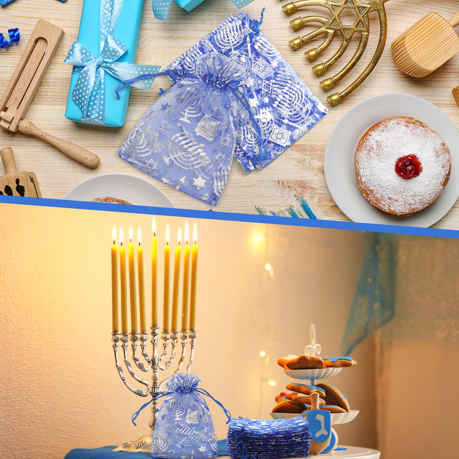 60 Pack Hanukkah Mesh Gift Bags - Chanukah Party Favor Sachets for Candy, Chocolate Coins & Cookies - Perfect for Hanukkah Celebrations, Holiday Gifting & Festive Treat Packaging