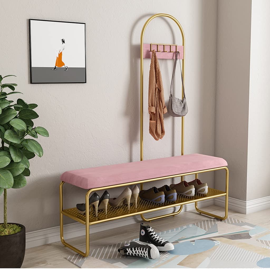 3-in-1 Entryway Coat Rack with Storage Bench & Shelf - Upholstered Seat Hall Tree for Living Room, Hallway - Metal Frame Easy Assembly (60x32x175cm, Gold+Pink) - Perfect for Small Spaces, Entry Organization & Shoe Storage