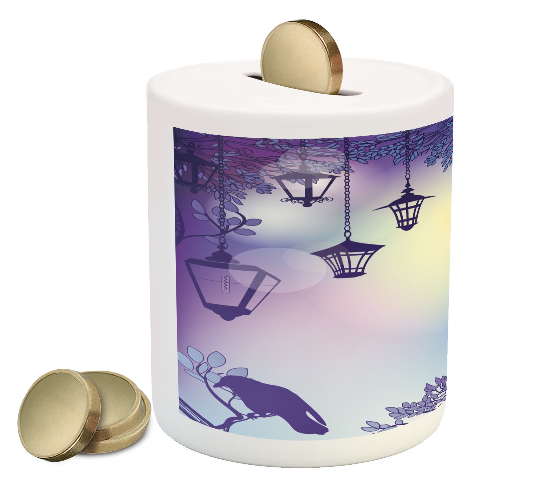 Ambesonne Purple Piggy Bank - Ceramic Money Box for Cash Saving with Sinister Violet Street & Raven on Branch Night Graphic, 3.6