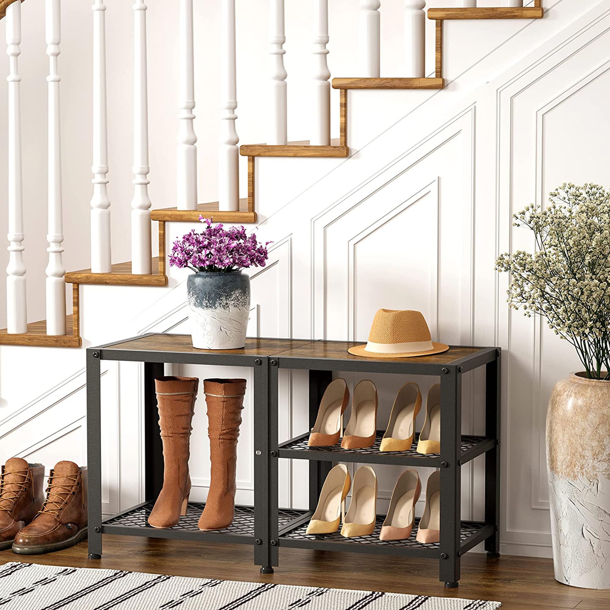 Hoctieon 3-Tier Wooden Shoe Bench with Mesh Shelves - 29