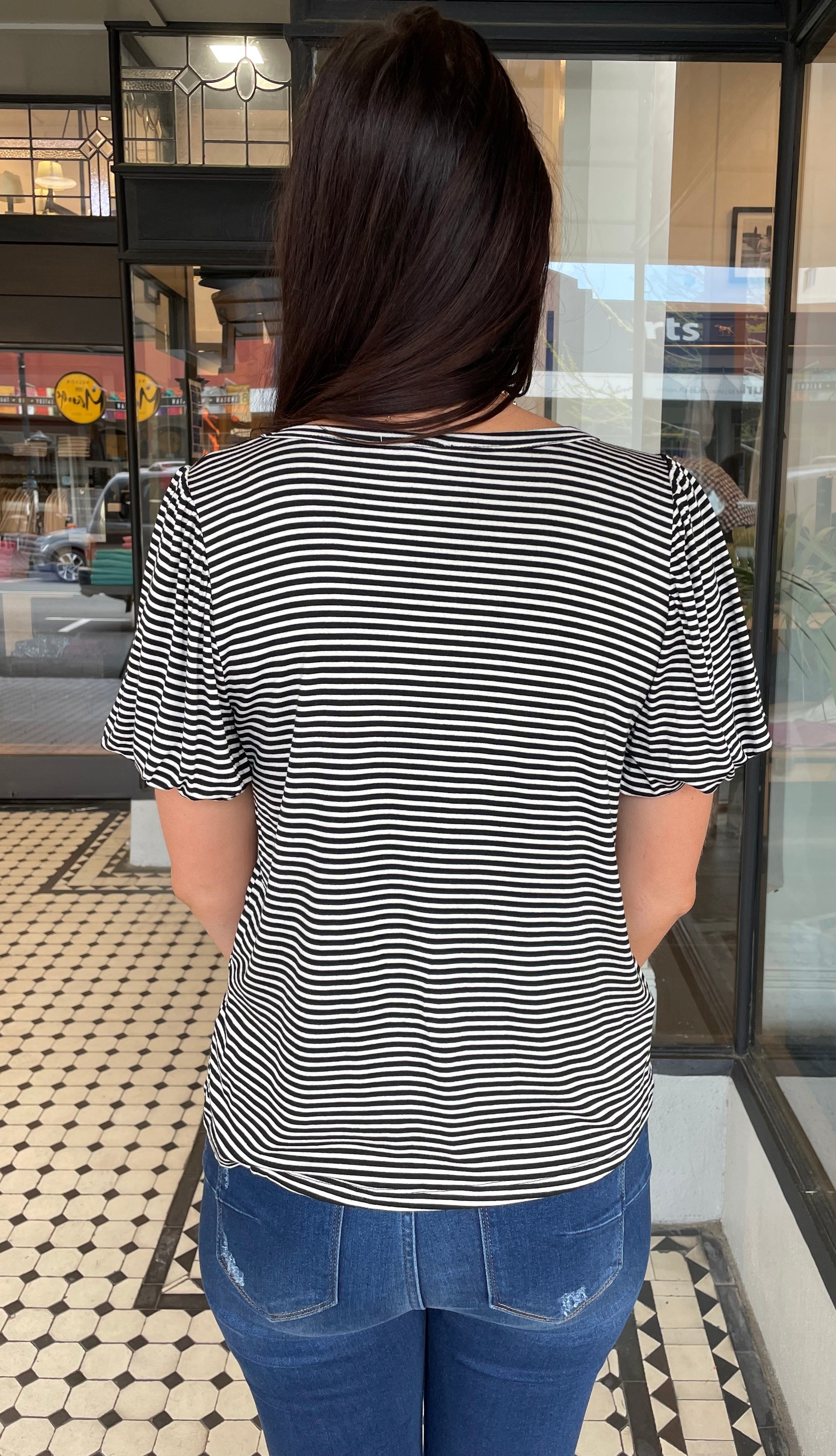 Sabrina Striped Puff Sleeve Top for Women - Black Blouse with Ruffle Details | Perfect for Casual Outings, Date Nights & Office Wear