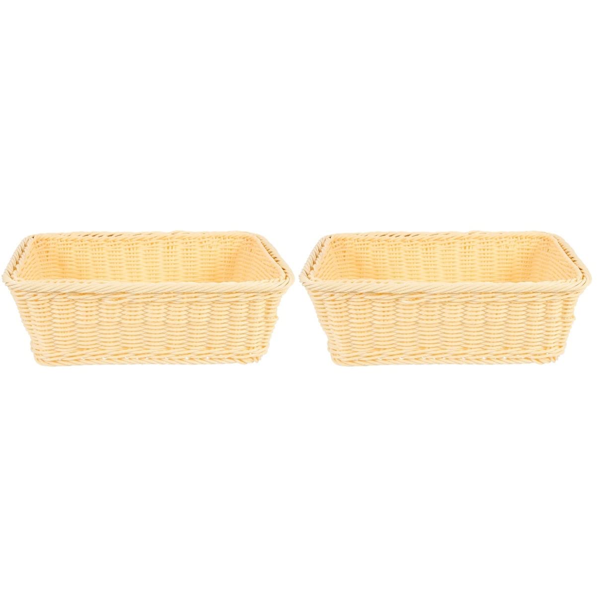 Angoily 2-Pack Rattan Woven Bread Basket - Plastic Wicker Fruit & Candy Serving Tray for Kitchen, Dining Table, Picnic, and Party Decor