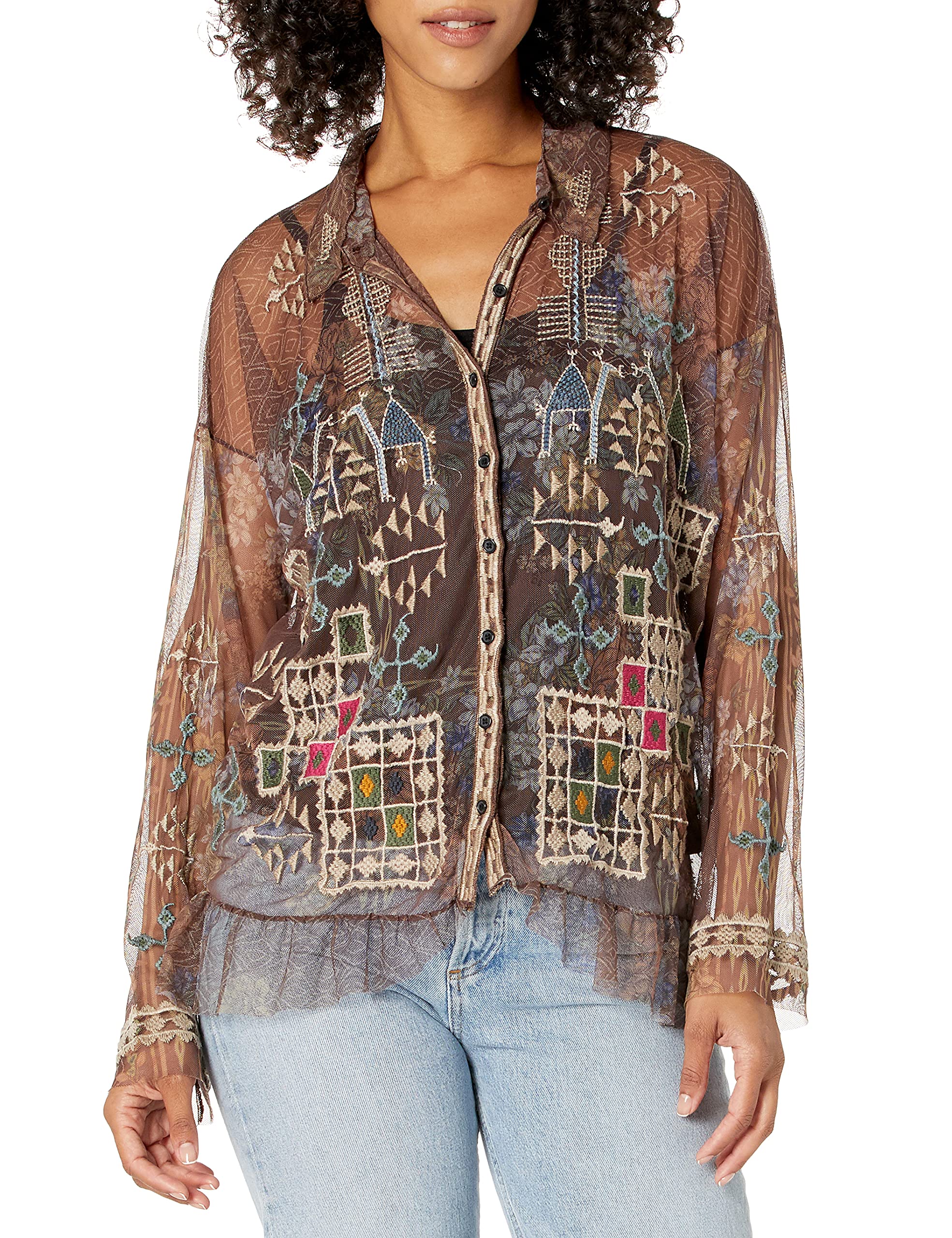 Johnny Was Women's Long Sleeve Blouse - Boho Floral Print Cotton Top for Casual & Office Wear - Perfect for Spring & Fall Outfits