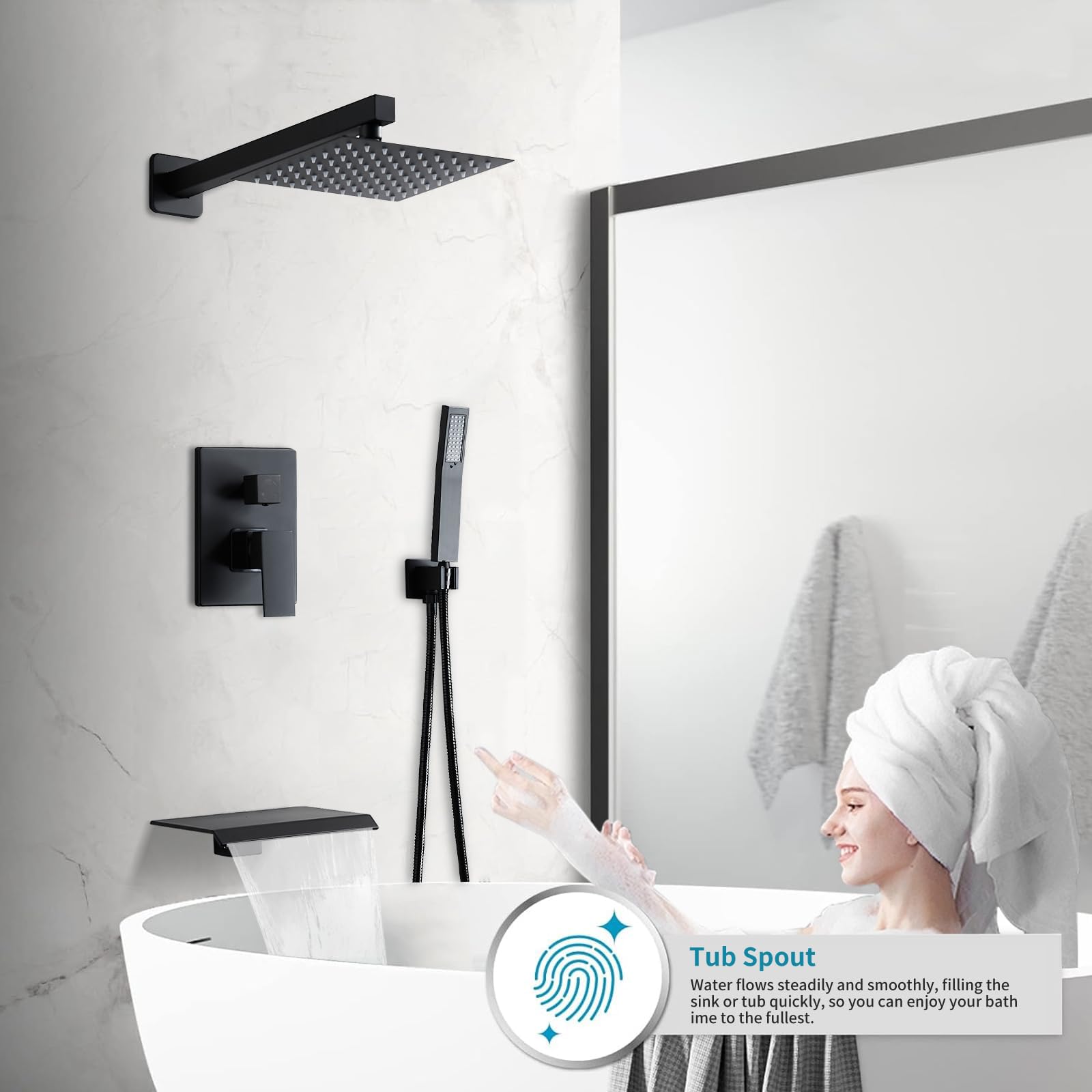 Matte Black 10 Inch Shower Faucet Set with Tub Spout, Rain Shower Head & Handheld Shower System, Wall Mount Bathroom Fixture with 2 Hooks - Perfect for Modern Bathroom Renovation and Spa-Like Shower Experience